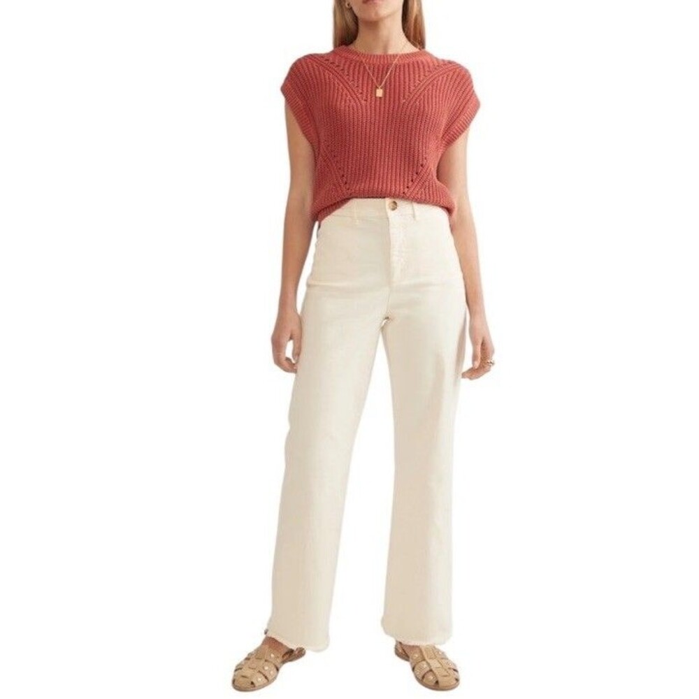 Marine Layer Bridget Pants Wide Leg Sz 10 High Waist Frayed Hem Cream Ivory NWT